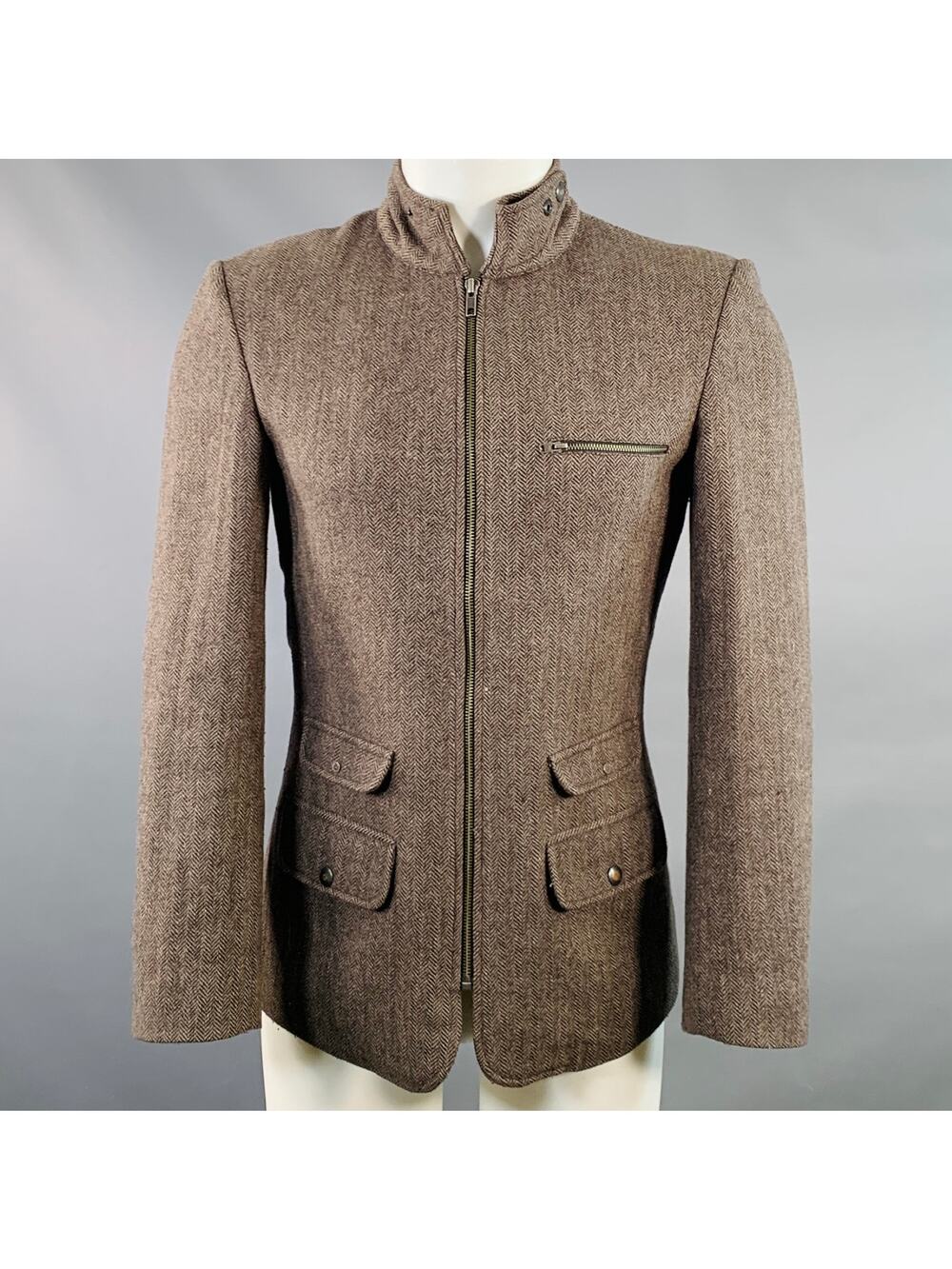 MENK Size S Brown Herringbone Wool Blend Zip Up Jacket